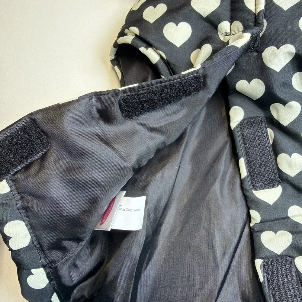 Dog Puffer Hoodie Jacket Winter Coat Outdoor Black White Hearts Pink Trim Bow Sm